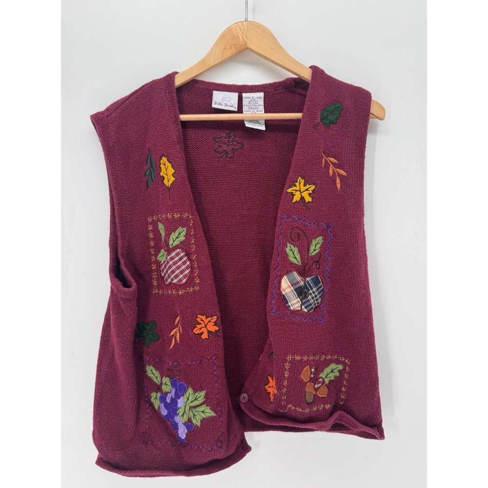 Vintage Bobbie Brooks Knit Sweater Vest Fall Autumn Embroidered Sz L 12/14